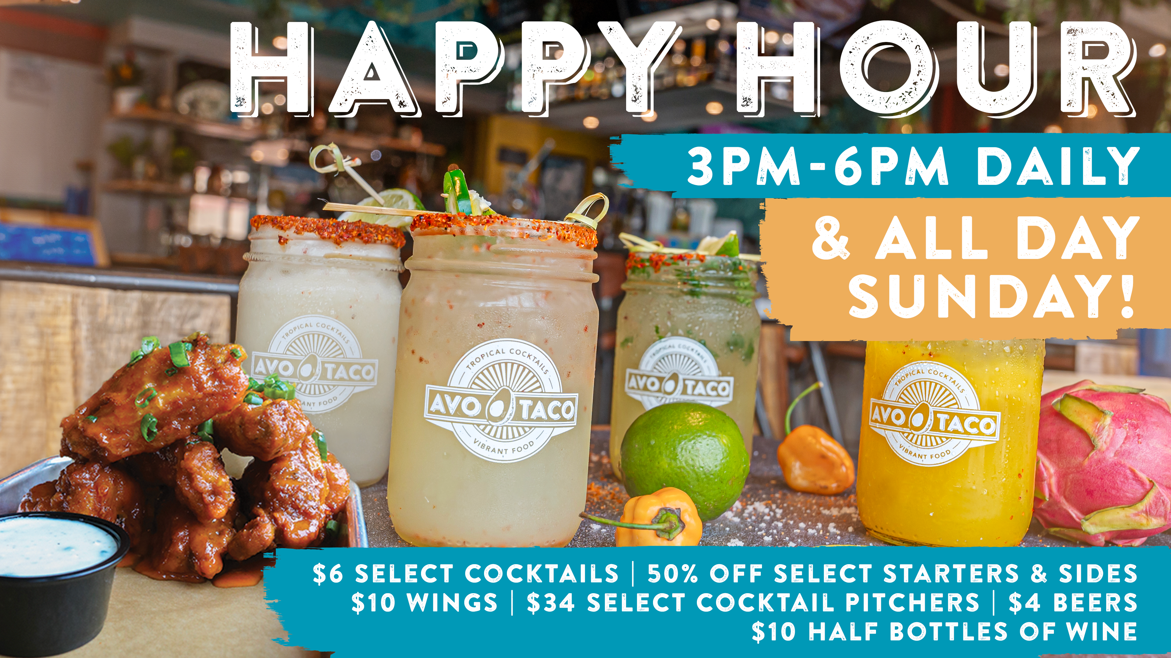Happy Hour at AVO is weekdays from 3-6pm and all day Sunday